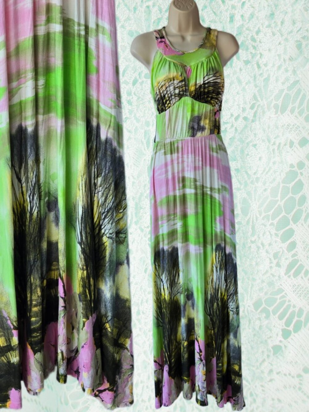 Green and Pink Nature Maxi Dress Elegant Boho Sunset Tree Landscape Artsy